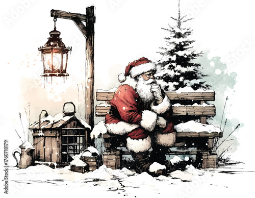 A hand-drawn winter scene shows Santa Claus resting on a snow-dusted bench beside a glowing lantern and a Christmas tree. Calm, nostalgic, and festive, it evokes holiday