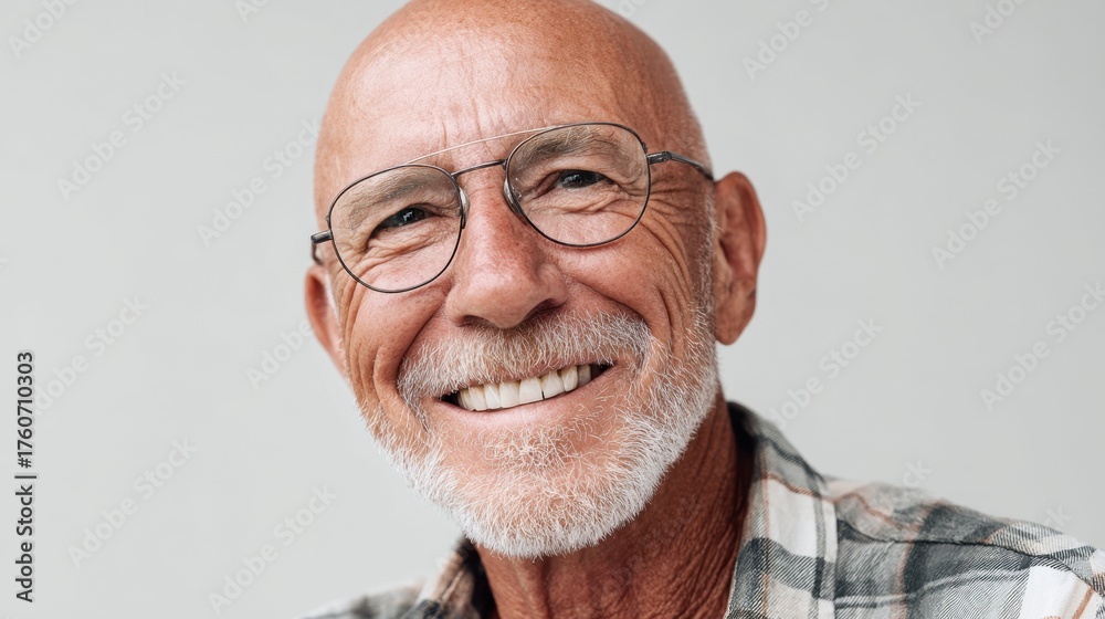 Fototapeta premium A cheerful elderly man with a beard and glasses smiles warmly showcasing happiness and warmth.