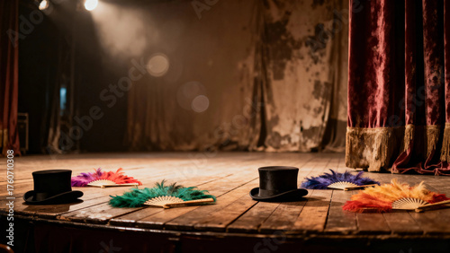 Empty stage with top hats and feather fans under dramatic lighting