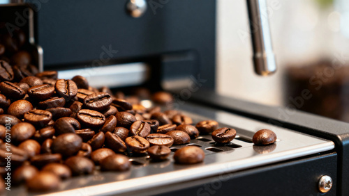 Roasted coffee beans spilling from a machine onto a metal surface