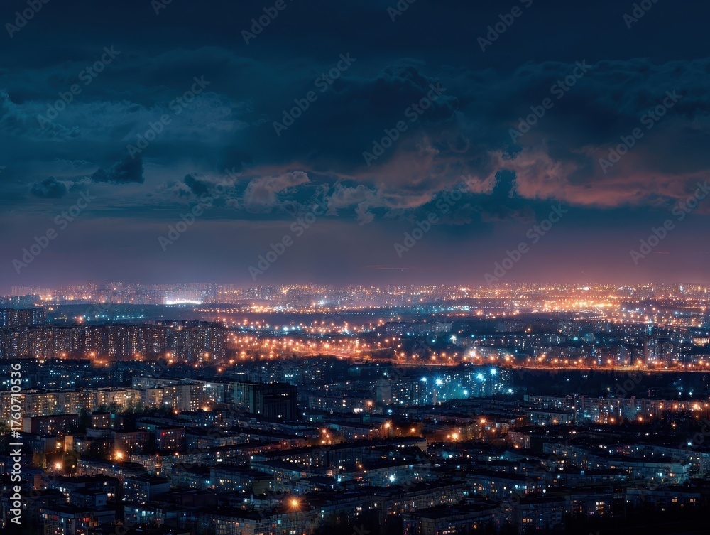 Obraz premium Expansive Urban Cityscape Night View Panoramic Metropolis Horizon Evening Clouds Dark Sky Illuminated Buildings Modern Architecture Lifestyle