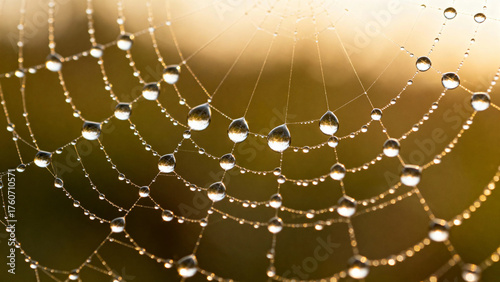 Close-up of a spider web covered in dew drops at sunrise