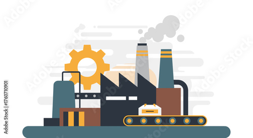 Manufacturing factory illustration with gear conveyor belt and smokestacks