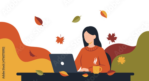 Woman works on laptop in autumn setting with hot drink and fall leaves