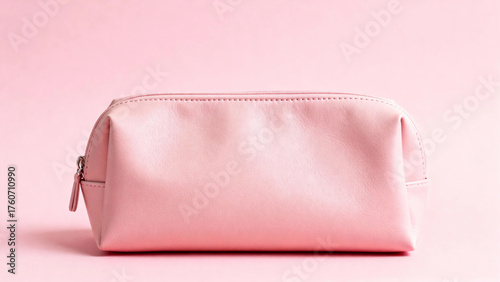 Pink leather-like cosmetic pouch with zipper on a matching pink background