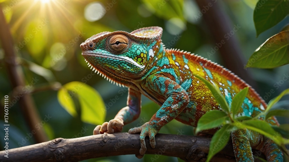 Fototapeta premium Colorful chameleon perched on a branch amidst lush green foliage, basking in sunlight