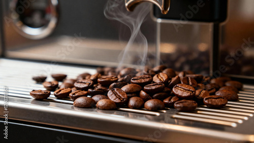 Freshly roasted coffee beans emitting steam on a metal surface near a coffee machine
