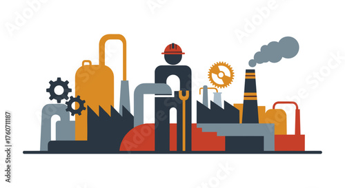 Factory worker and industrial production plant illustration with gears and pipes