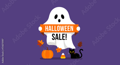 Ghost holding Halloween Sale banner with pumpkin black cat and candy corn on purple background