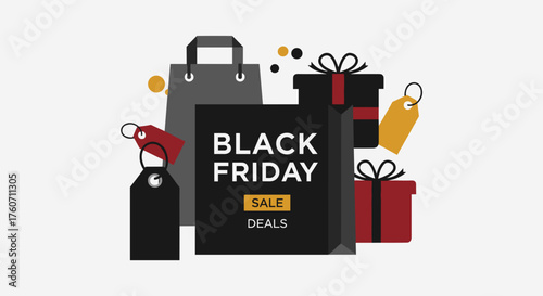 Black Friday Sale Deals graphic with shopping bags and gift boxes
