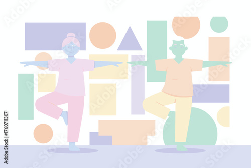 Seniors doing yoga promoting balance wellness and healthy active aging lifestyle