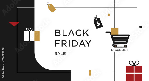 Black Friday Sale banner design with shopping cart gifts and price tags for discount marketing