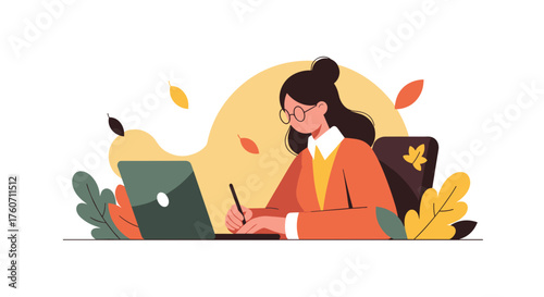 Woman designer works on a laptop with a stylus in a modern autumnal flat vector illustration