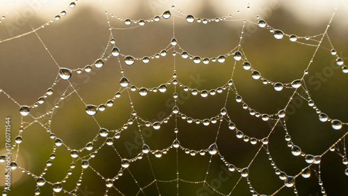 Close-up of a spider web with dew drops glistening in morning light
