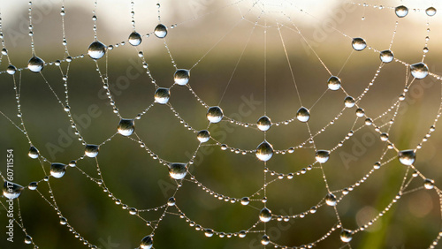 Close-up of a spiderweb with dewdrops glistening in the morning light