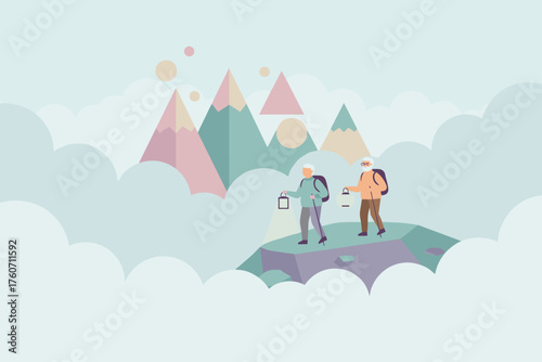 Senior men hiking above clouds with lanterns symbolizing active retirement and adventurous journey