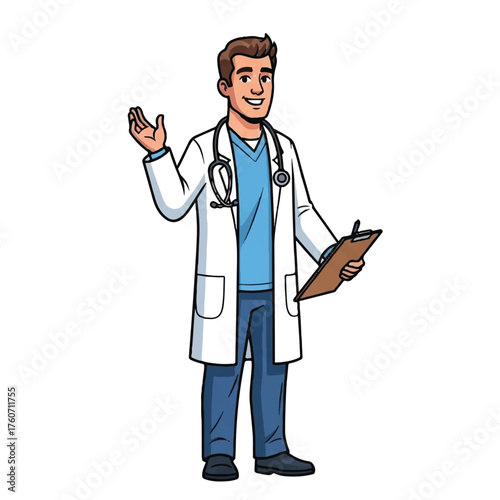 Young male doctor with stethoscope and clipboard, ready to assist patients with medical care