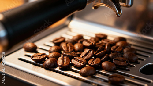 Roasted coffee beans on a metal grate beneath an espresso machine portafilter