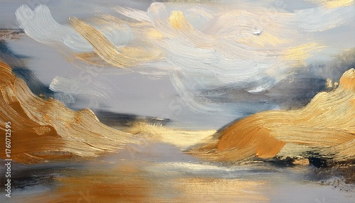 Art Oil Acrylic Brush Stroke Smear Blot Painting Landscape Canvas Abstract Texture Gold Gray Beige Pastel Color Stain Background