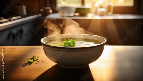 Steaming Hot Soup In A Bowl In The Kitchen Under Warm Sunlight