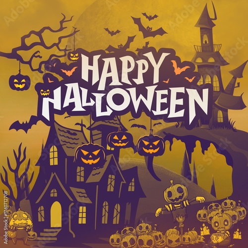 Halloween greeting card with haunted house, pumpkins, bats, spooky tree, and moon