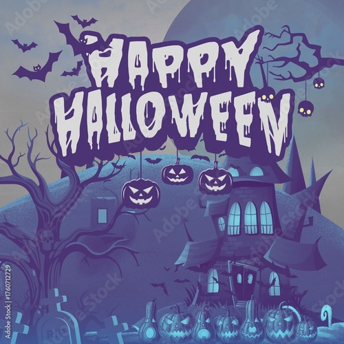 Spooky Halloween greeting card featuring haunted house, bats, gravestones, eerie trees, skulls, and blue misty night atmosphere
