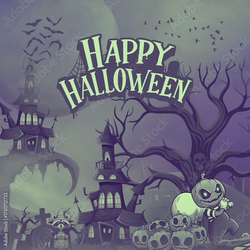 Creepy Halloween greeting card featuring haunted houses, bats, eerie trees, skeleton pumpkins, spooky raccoon, full moon, and dark purple misty background