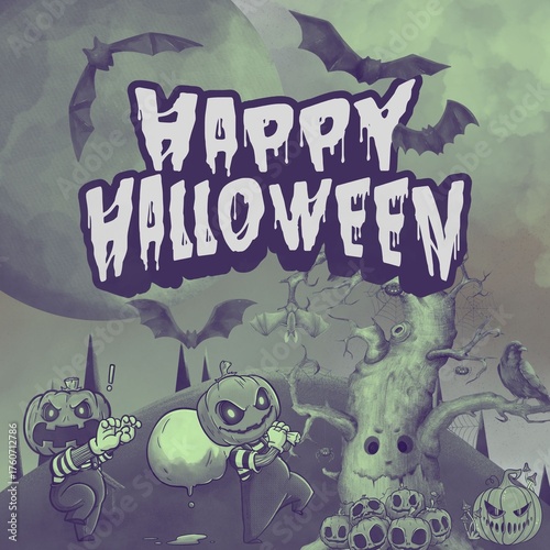 Fun Halloween greeting card with pumpkin-headed characters, bats, haunted tree, and spooky green moonlit background