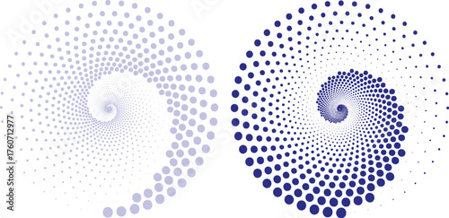 Two abstract spiral designs created with dots of varying sizes and shades of blue, creating a vortex effect.