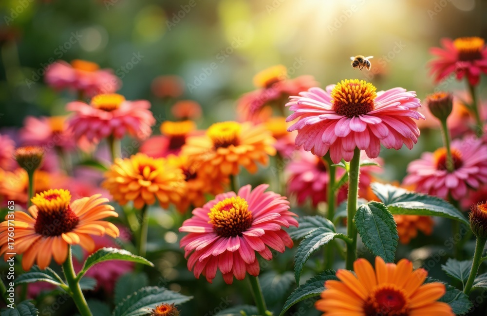 Fototapeta premium Colorful zinnias blooming in a garden with a bee flying nearby and warm sunlight in the background