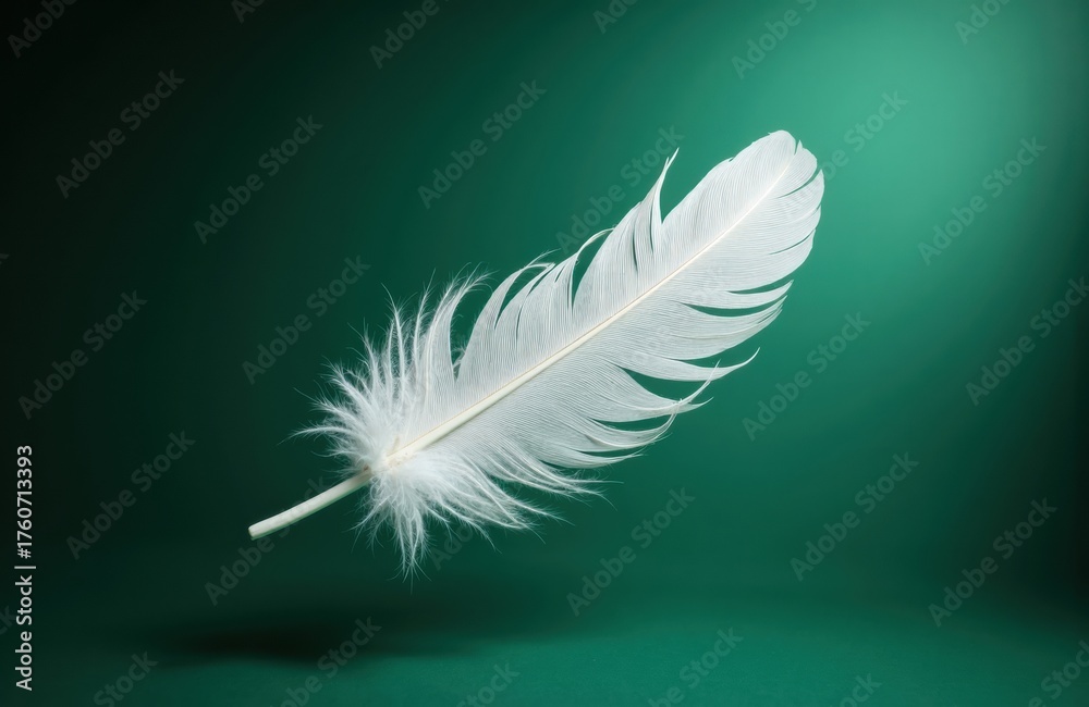 Fototapeta premium A white feather floats against a smooth green background