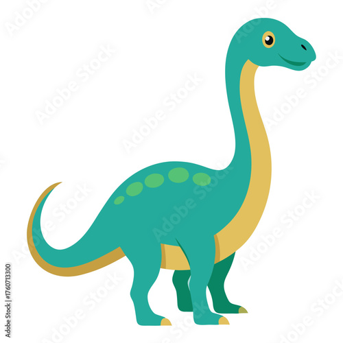 Cute cartoon teal dinosaur with yellow accents and green spots isolated on white background