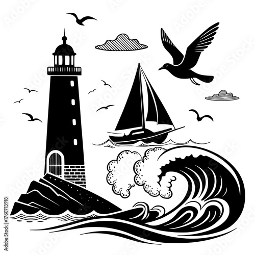 Nautical Seascape Vector Silhouette: Vintage Lighthouse, Sailboat, and Ocean Wave