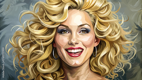Very beautiful blonde cartoon woman with curly, voluminous hair smiling warmly against a soft gray background, radiating charm, positivity, and modern elegance in a stylish illustrated portrait.