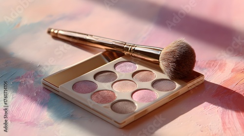 A beautiful eyeshadow palette with a mirror, showing a range of soft pink, rose, and taupe shades. The brush has fluffy bristles, and the scene made with Ai 1