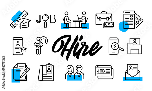 Hire poster. Hire banner design with recruitment icons. Resume, Interview, Briefcase, Job, Candidate icons. Simple poster for presentations, covers. Banner template. Vector illustration.