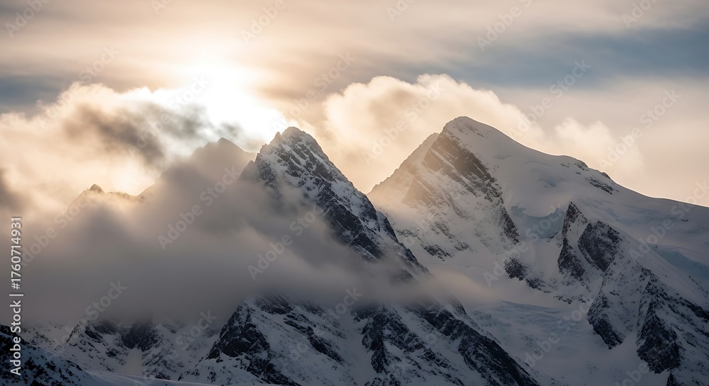 Obraz premium The sun shines on the snow capped mountain peaks with clouds surrounding them in the austrian alps in the winter season