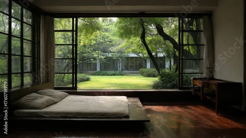 Sunlit Minimalist Interior With Large Glass Windows Overlooking Verdant Garden, Low Wooden Bed On A Polished Floor, And Tranquil Japanese Inspired Room Bathed In Daylight