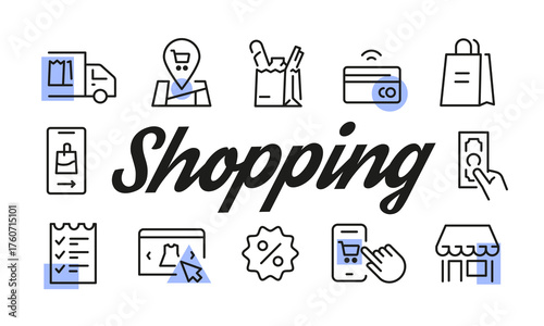 Shopping poster. Shopping banner design with retail icons. Bag, Cart, Creditcard, Store, Receipt icons. Simple poster for presentations, covers. Banner template. Vector illustration.