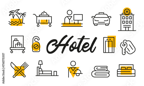 Hotel poster with vector icons. Hospitality, travel, room service, luggage, concierge, bed, elevator, and key illustrations. Perfect for booking, travel, or hotel-related design.