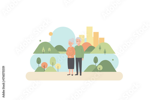 Peaceful senior couple in park with city skyline Retirement healthy aging urban lifestyle