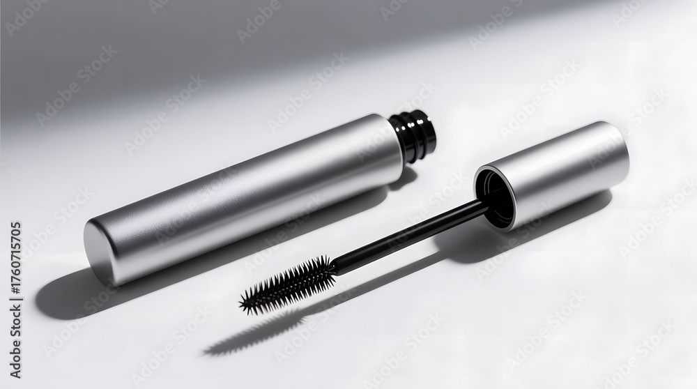 Fototapeta premium A high-detail rendering of an unbranded metallic mascara tube with its applicator wand and brush separated on a white background.