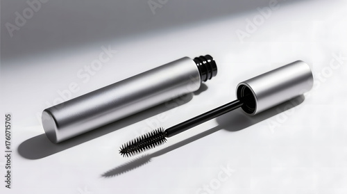 A high-detail rendering of an unbranded metallic mascara tube with its applicator wand and brush separated on a white background.