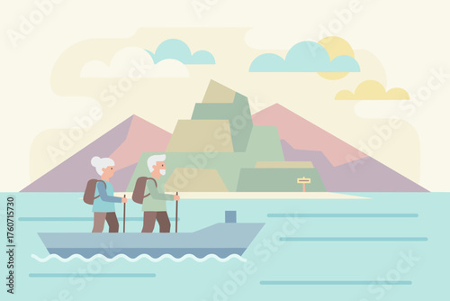 Senior couple boating towards a mountainous island Active lifestyle travel and exploration