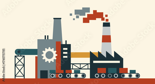 Manufacturing facility illustration retro geometric factory with smokestacks and conveyor belts