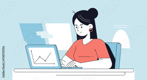 Woman analyzing data on a laptop Business finance and remote work illustration