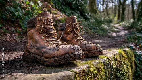 Weathered Muddy Hiking Boots Resting On Mossy Stone Steps In A Damp Forest Path After Rain Highlighting Earthy Browns And Emerald Greens Textured Footwear Solitude And Quiet Outdoor Exploration