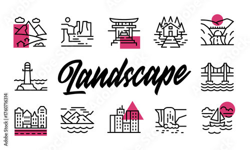 Landscape poster. Landscape banner design with scenic icons. Mountain, Waterfall, Lighthouse, Temple, Bridge icons. Simple poster for presentations, covers. Banner template. Vector illustration.