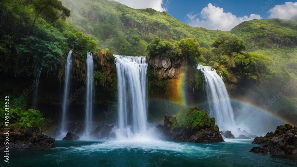 Obraz premium Majestic waterfalls cascading into a serene pool surrounded by lush greenery and a vibrant rainbow