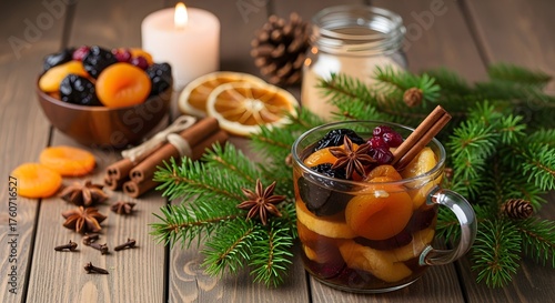 A festive cup of traditional dried fruit compote surrounded by spruce branches and aromatic spices, a cozy Christmas drink full of warmth and flavor